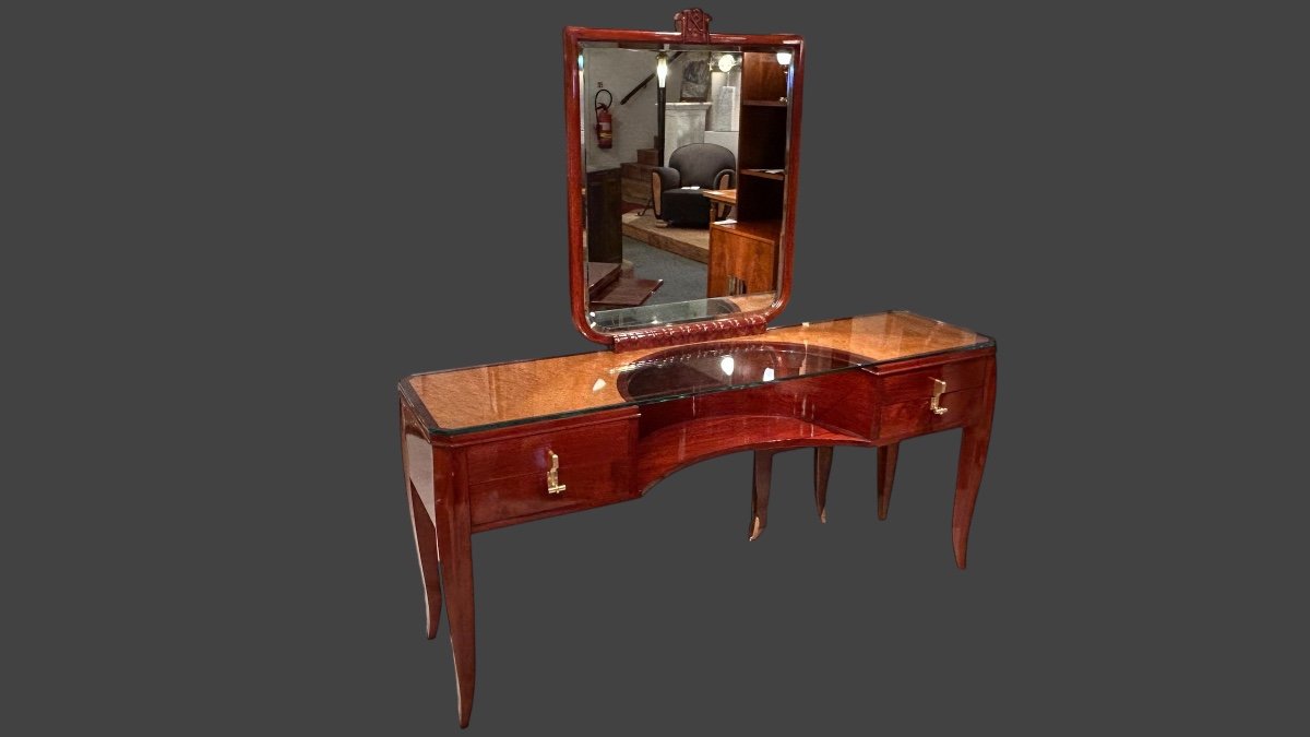 Art Deco Style Dressing Table Or Console Table, Mahogany, Bird's Eye Maple And Bronze, Ca 1935